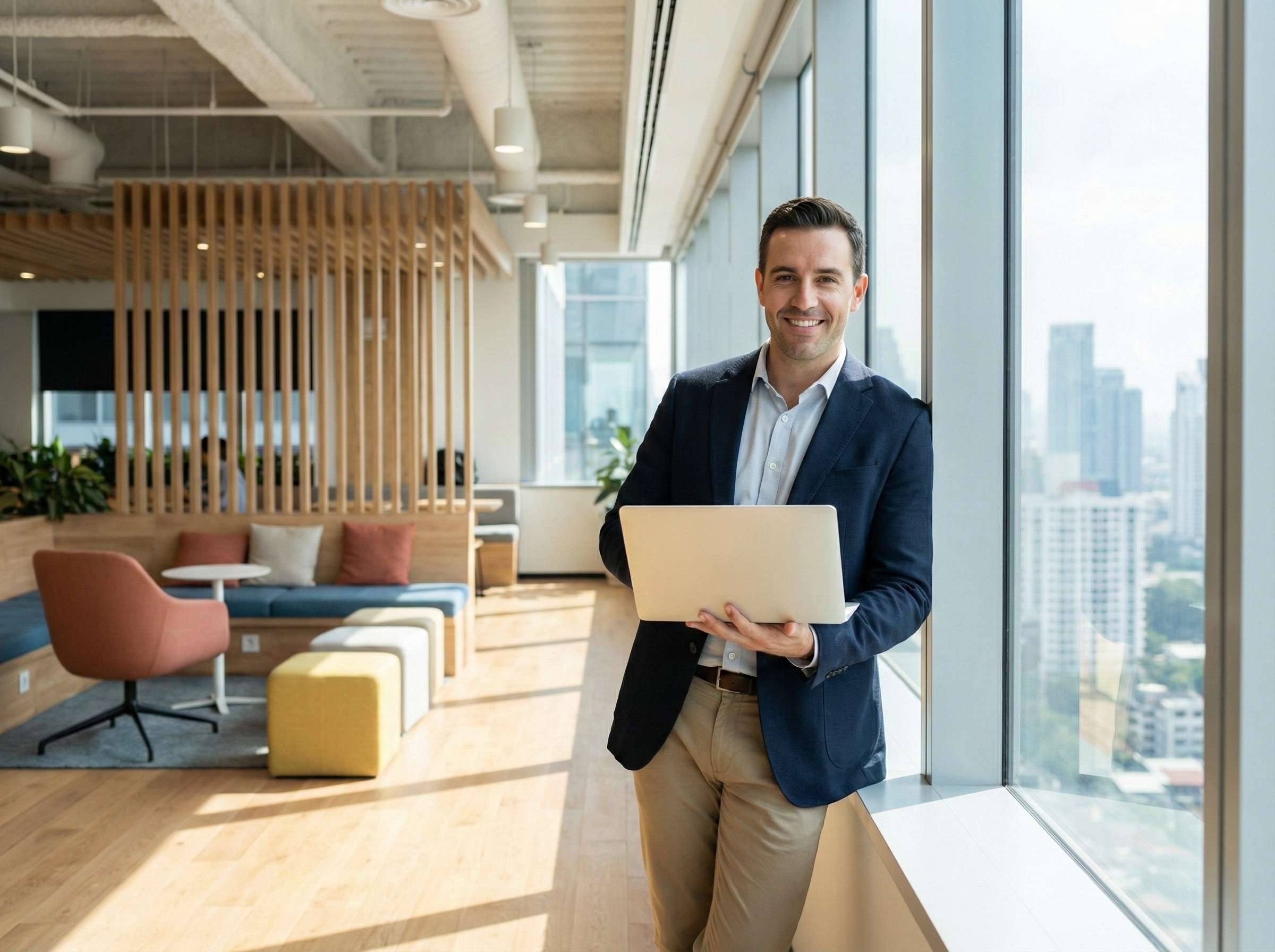 Man steht lachend in Schutzkleidung in einer Lagerhalle